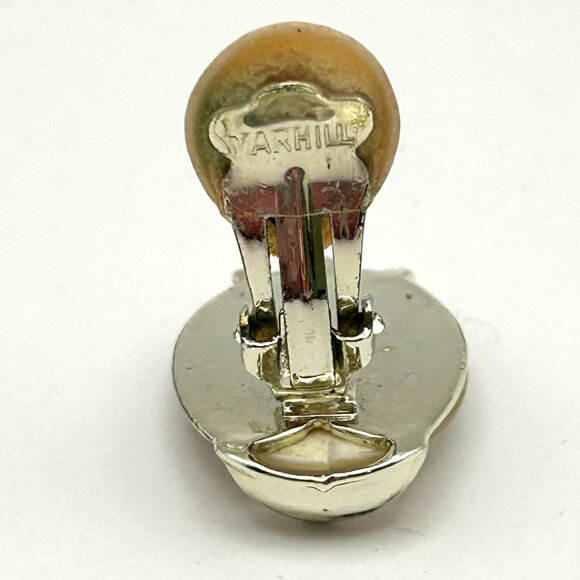 Vintage Marhill Mother of Pearl Clip On Earrings Oval Cabochon Gold Tone Signed - Picture 7 of 12